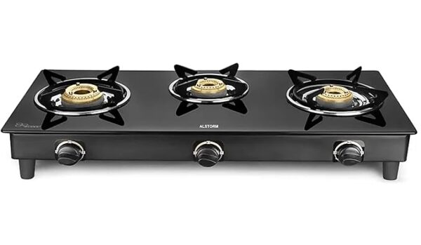 Alstorm Gas Stove 3 Burner Glass Cooktop Brio 3b BK Manual Ignition, (Black)