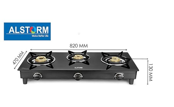 Alstorm Gas Stove 3 Burner Glass Cooktop Brio 3b BK Manual Ignition, (Black) - Image 4